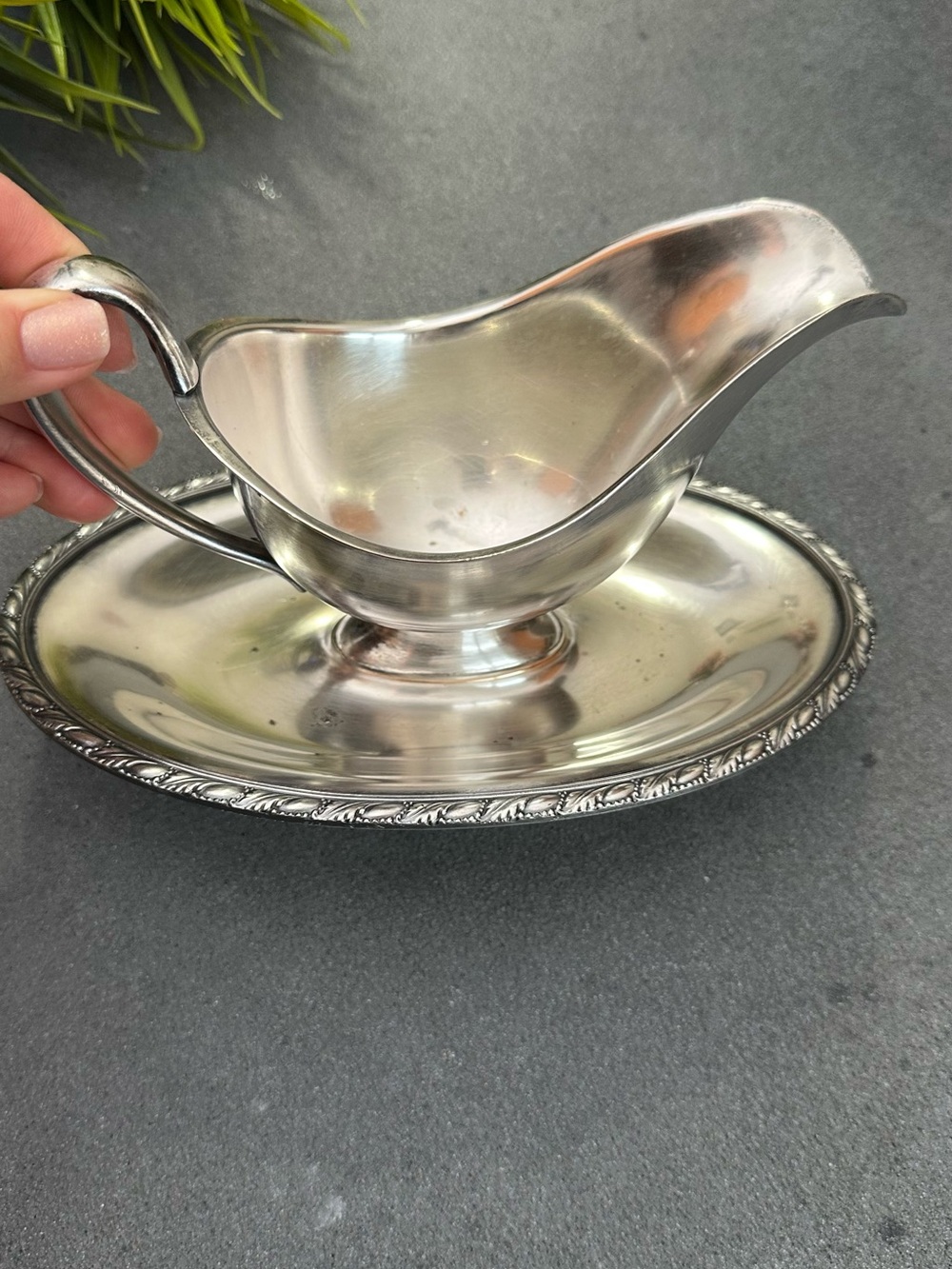 Silver Plated Vintage Gravy Bowl & Tray with Victorian Pattern